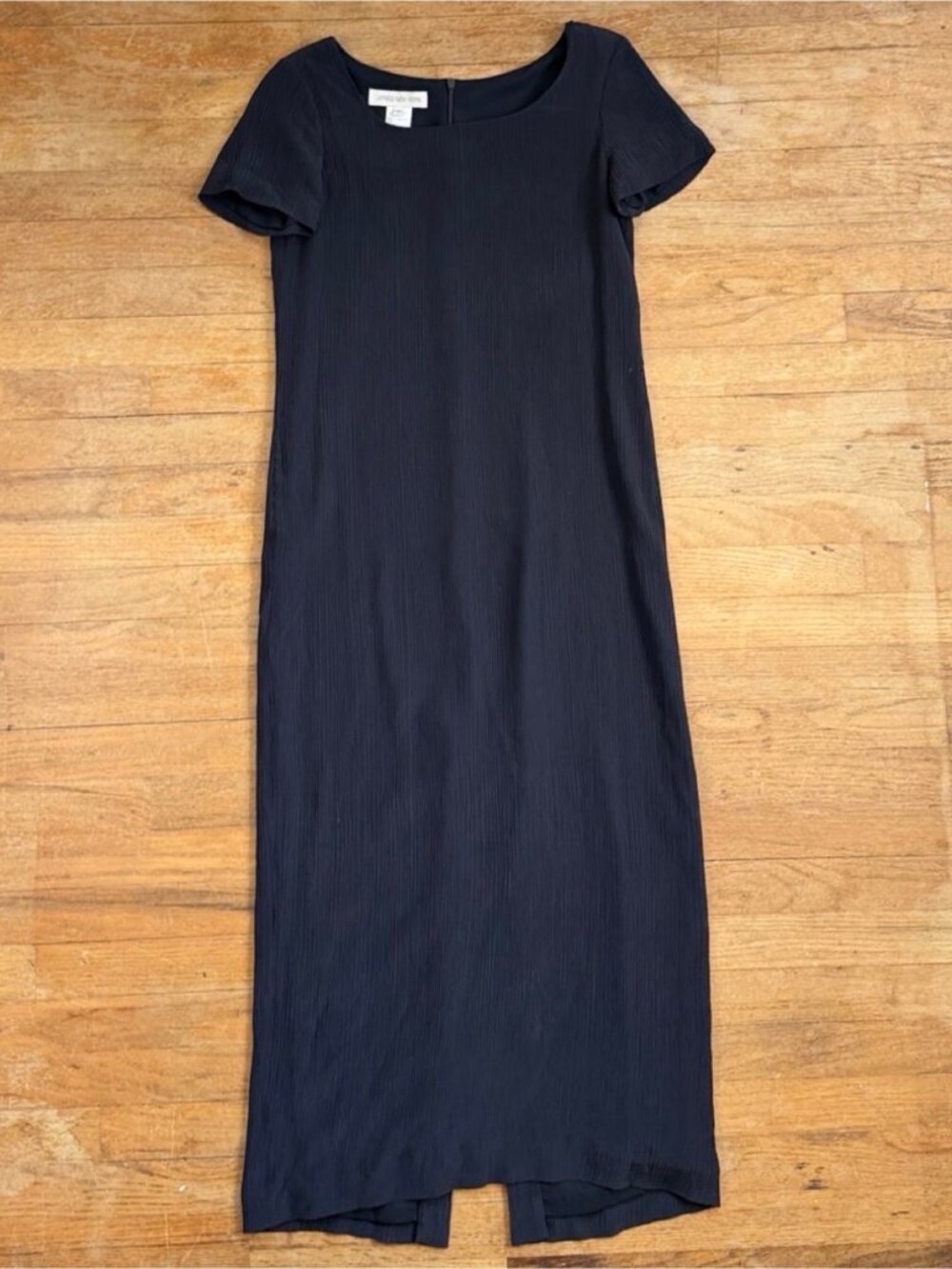 Vintage Black Crinkled Silk Maxi Dress Size Small 80s Minimalist Short Sleeve